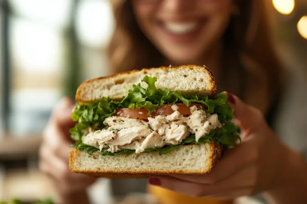 A person enjoying a chicken salad sandwich, made with a homemade chicken salad chick recipe, smiling in a bright setting.