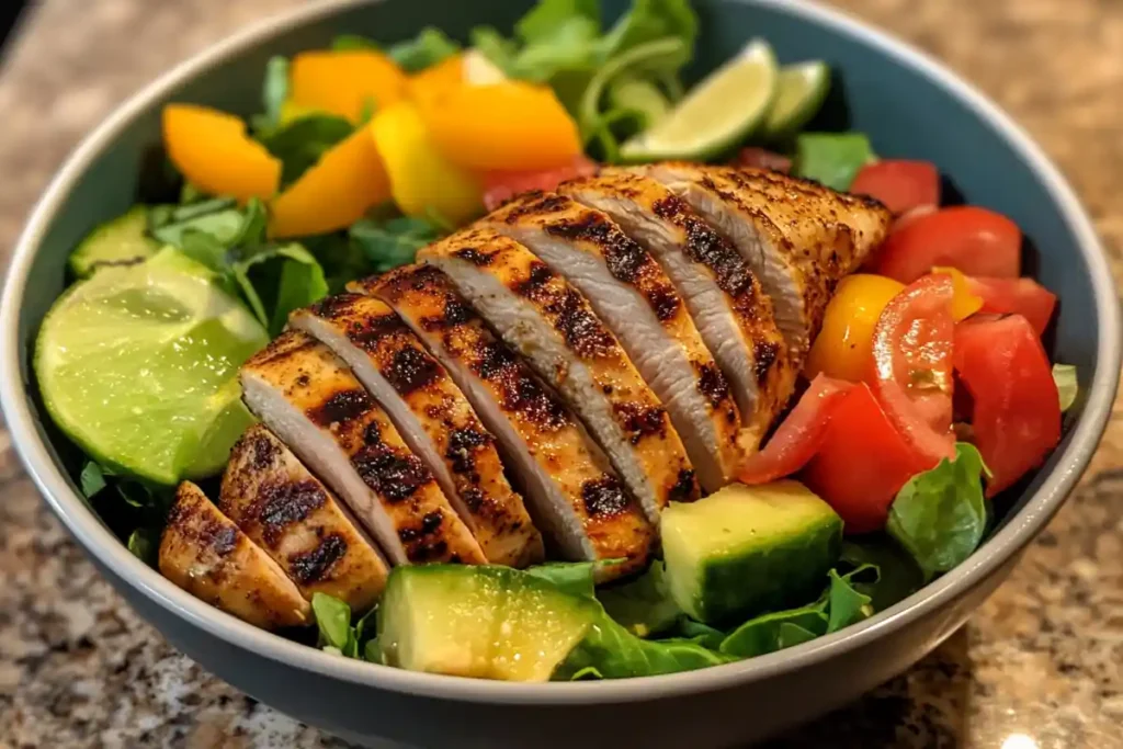 Sliced grilled chicken breast over a keto-friendly salad.
