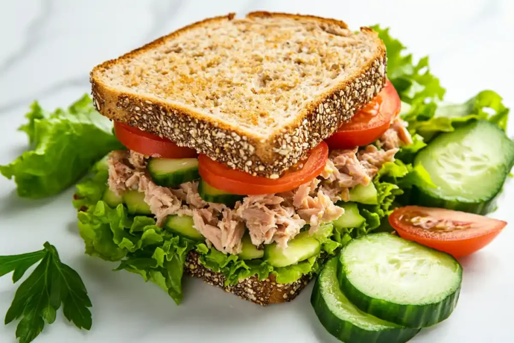 Healthy ingredients for a tuna and lettuce sandwich on a marble table.