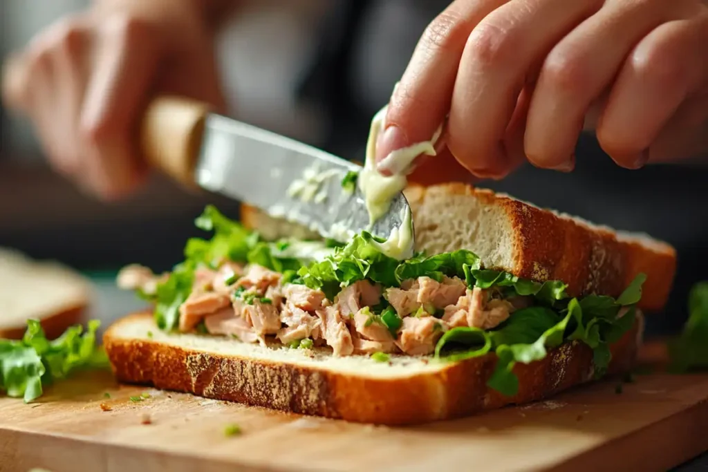 Close-up of mayonnaise being added to a tuna and lettuce sandwich.

