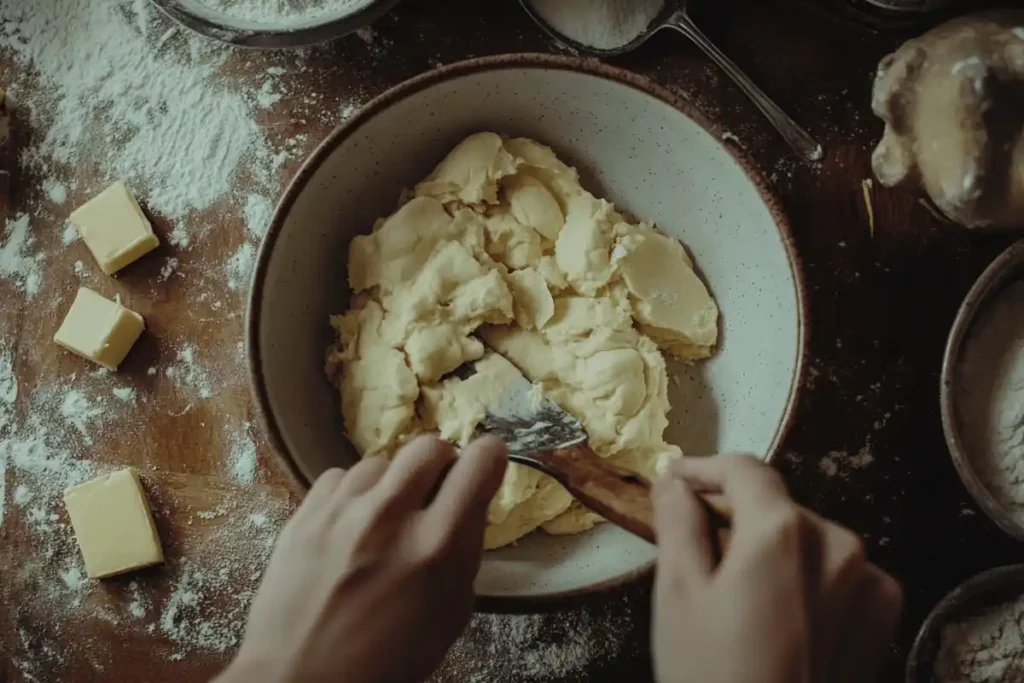 Hands mixing cookie dough for Snoop Dogg Cookies.