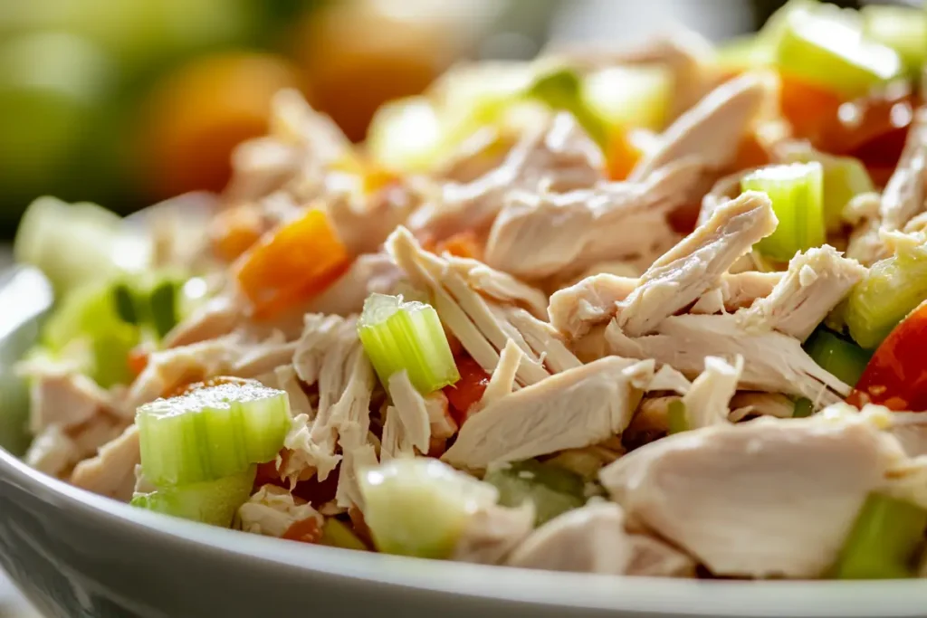 Close-up of shredded chicken, along with other fresh ingredients such as celery for a chicken salad chick recipe.