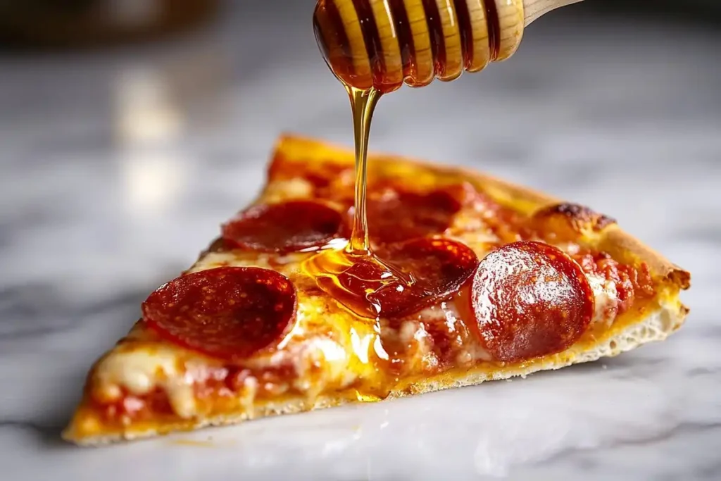 Pizza drizzled with hot honey for a sweet and spicy taste.