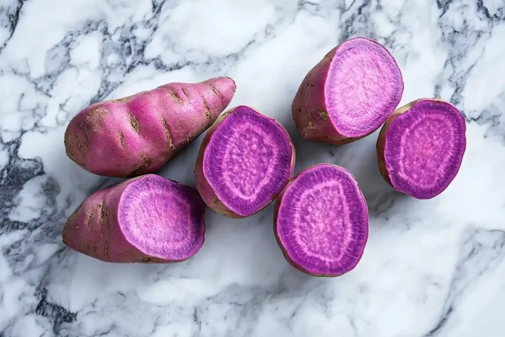 Delicious purple sweet potato dishes arranged creatively on a marble background.