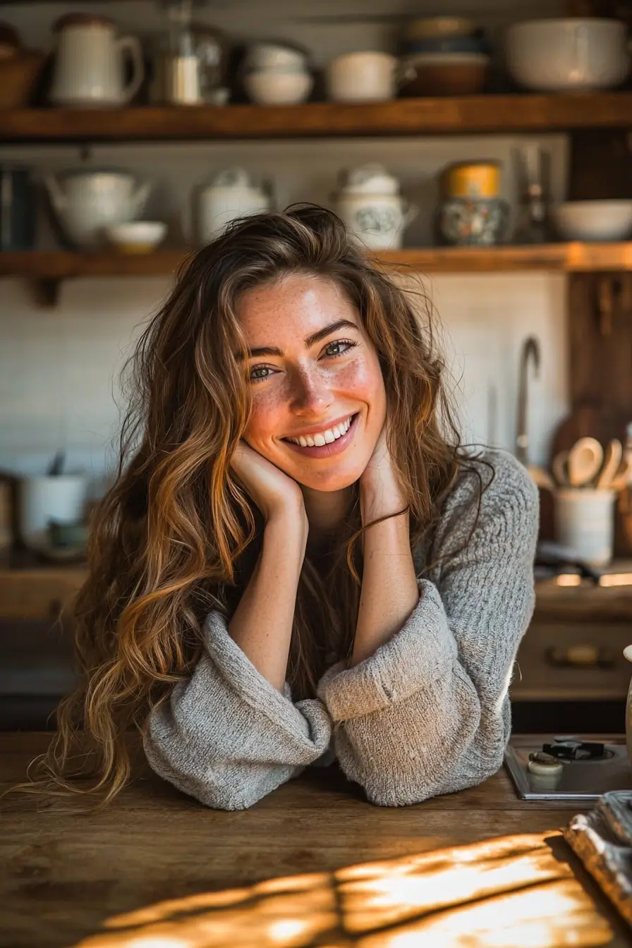 Smiling woman with long wavy hair and freckles, wearing a cozy sweater and leaning on a wooden kitchen table.