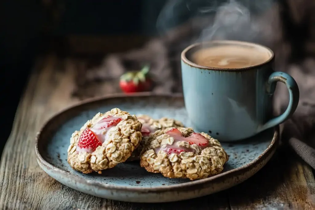 Strawberry Iced Oatmeal Cookies served with coffee on a wooden table.