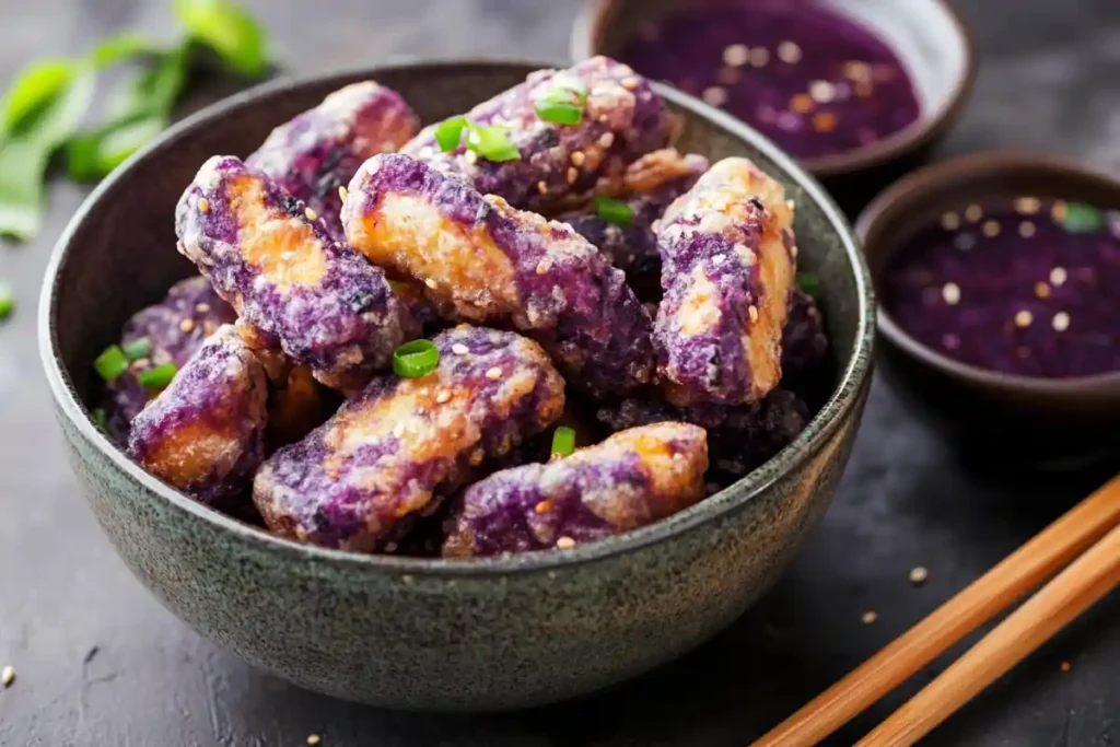 Purple sweet potato tempura served with dipping sauce.