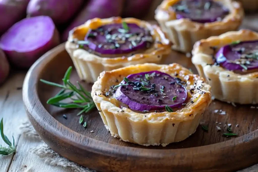 Purple sweet potato tarts on a rustic plate.