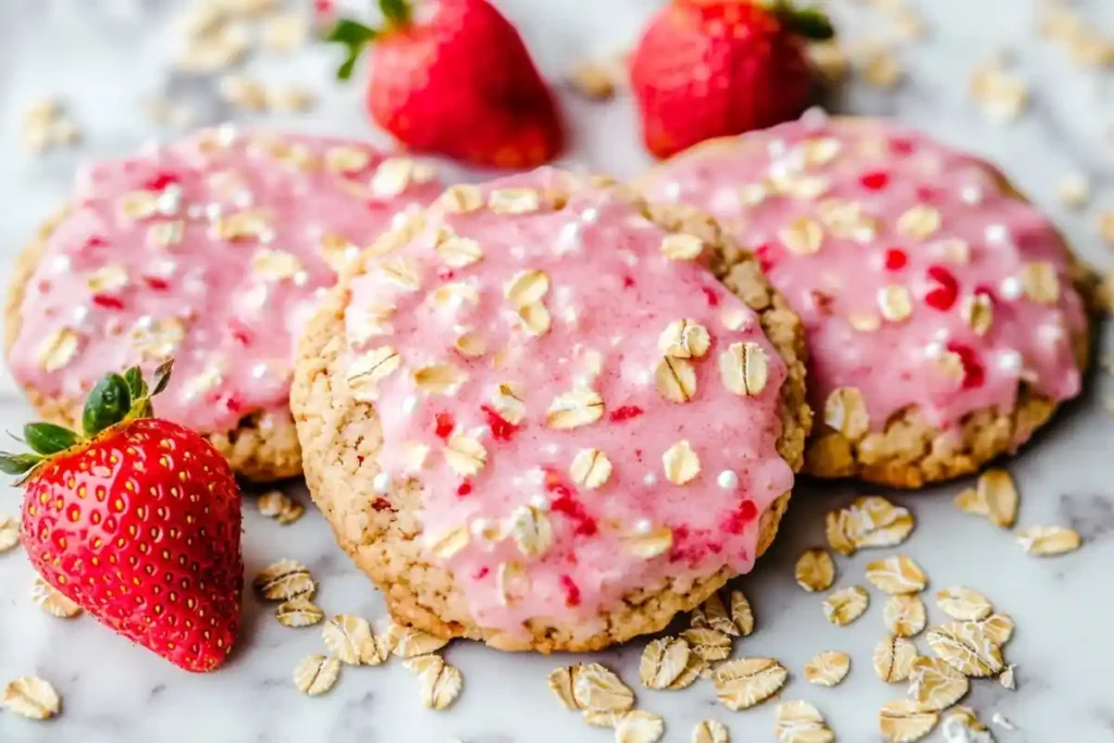 Fresh Strawberry Iced Oatmeal Cookies with strawberries and oats.