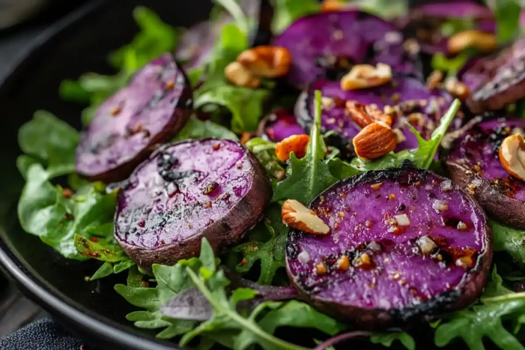 Creamy purple sweet potato mash with parsley garnish.