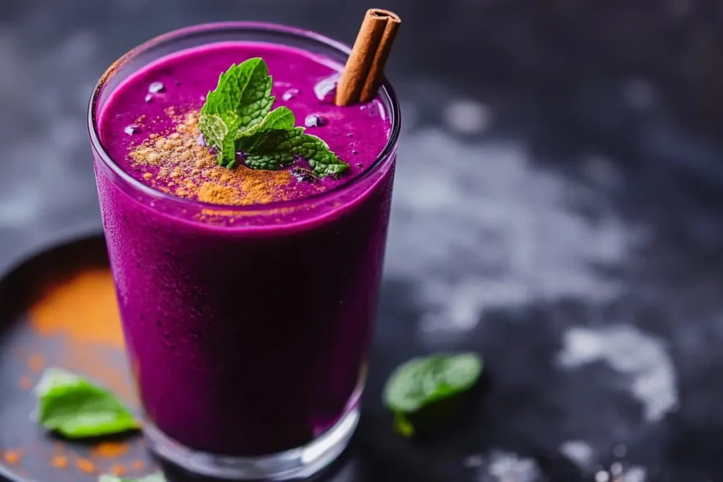 Fresh purple sweet potato smoothie in a glass with mint.