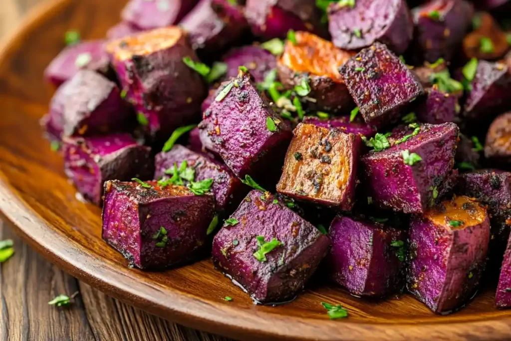 Roasted purple sweet potato cubes with fresh herbs on a rustic plate.