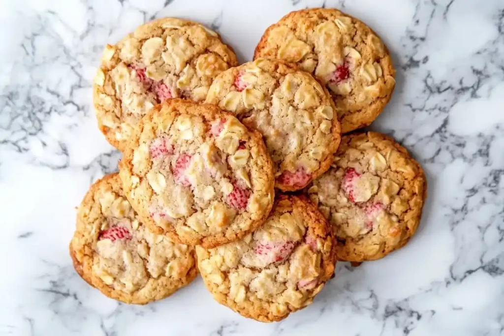 Freshly baked Strawberry Iced Oatmeal Cookies on a marble surface.
