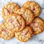 Freshly baked Strawberry Iced Oatmeal Cookies on a marble surface.