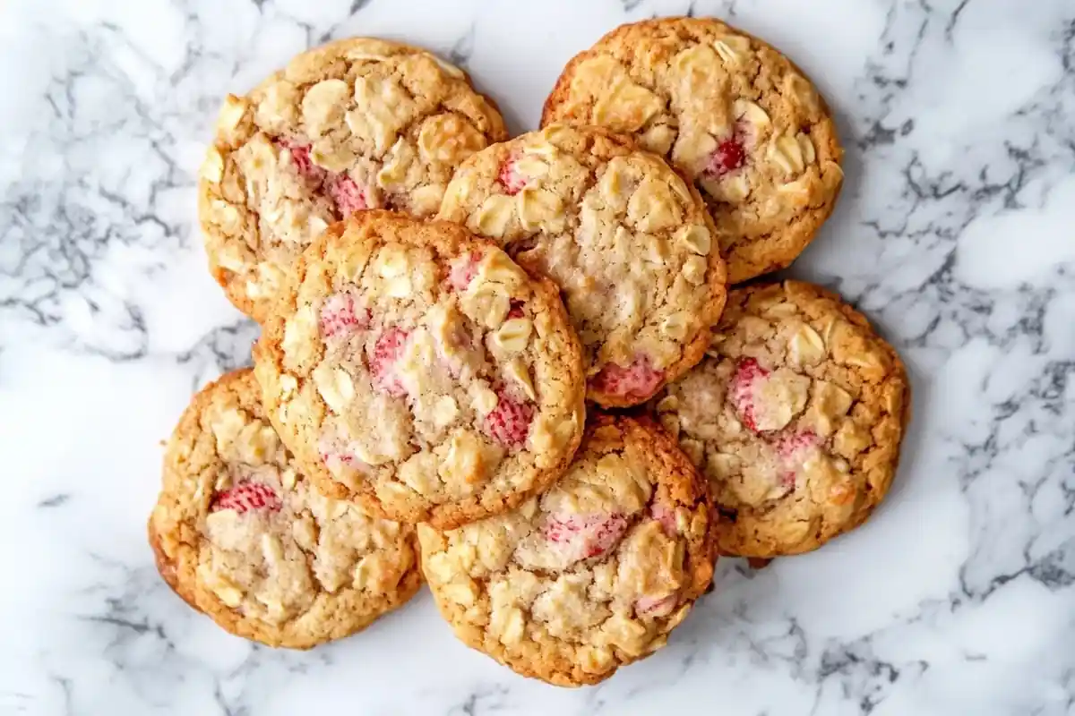Freshly baked Strawberry Iced Oatmeal Cookies on a marble surface.