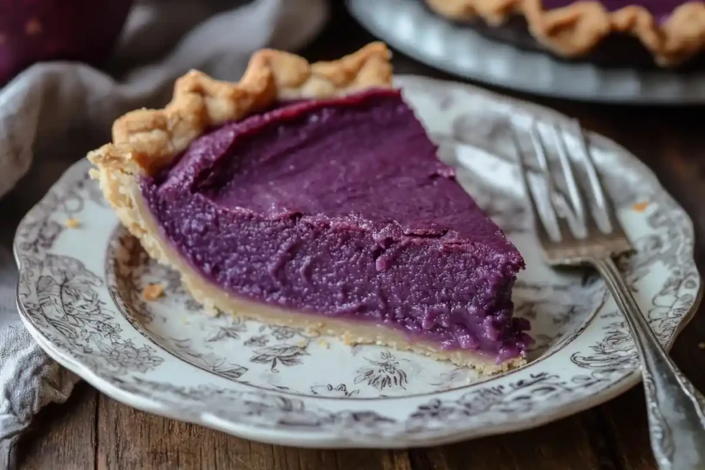 Slice of purple sweet potato pie with flaky crust.