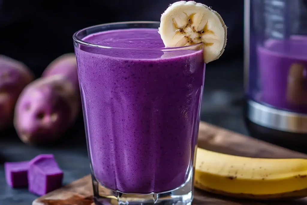 Healthy purple sweet potato smoothie with banana.