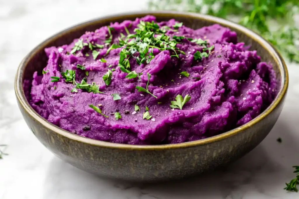 Creamy purple mashed potatoes with fresh herbs.