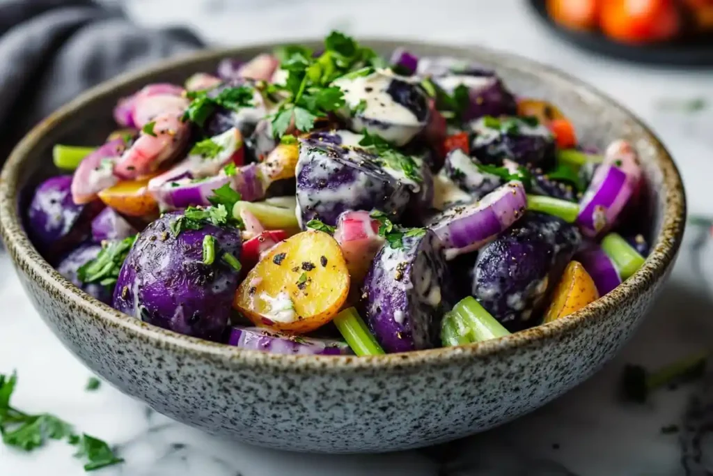 Crispy roasted purple potato chunks with rosemary.