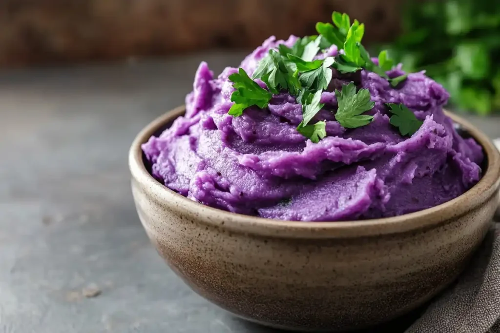 Creamy purple sweet potato mash with parsley garnish.