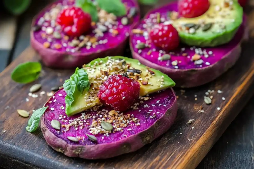 Toasted purple sweet potato slices with avocado, seeds, and berries.