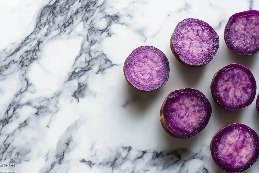 Vibrant purple sweet potatoes displayed on a marble background.