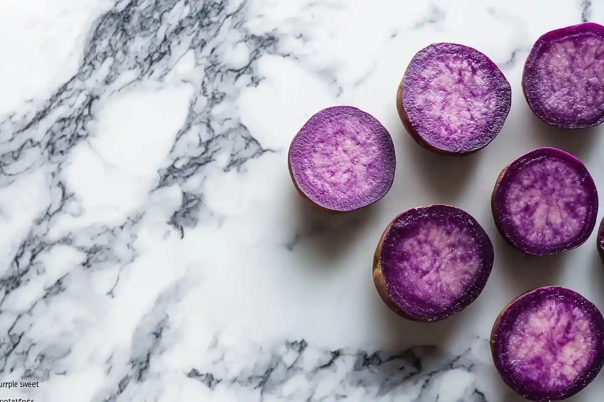 Vibrant purple sweet potatoes displayed on a marble background.