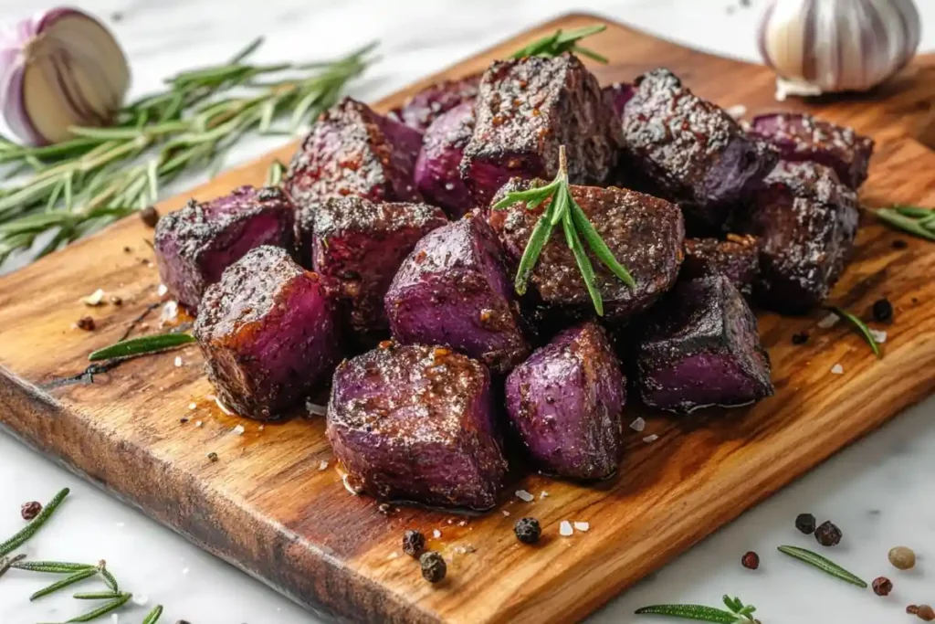 Crispy roasted purple potato chunks with rosemary.