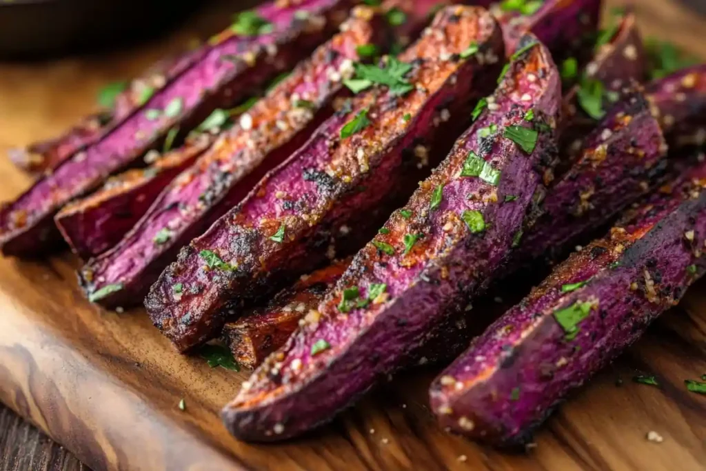 Crispy roasted purple sweet potato fries with herbs.