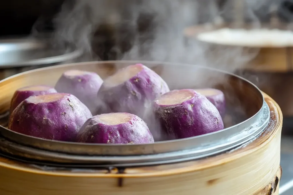 Steaming purple sweet potatoes to retain moisture.